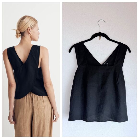 NWT Madewell Linen-Blend Cross-Back Sleeveless Top in True Black Size 0 - Picture 1 of 13